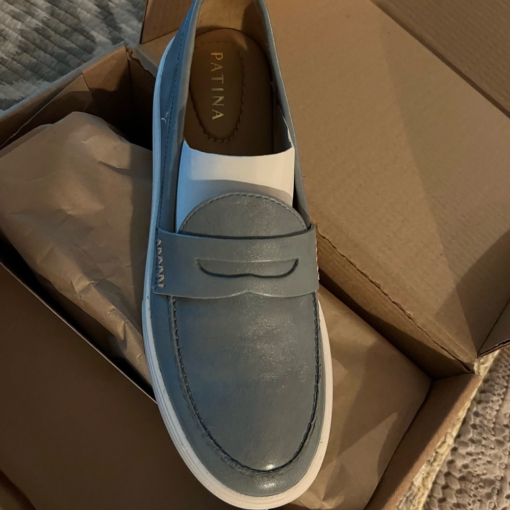 Portland Leather Blue Flats Modern Loafer Design